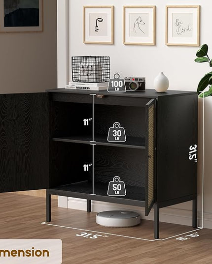 XIAO WEI Sideboard Cabinet with Handmade Natural Rattan Woven Doors, Rattan Cabinet Console Table Storage Credenza Buffet, for Kitchen, Living Room, Hallway, Entryway-2 Pieces(Black) - LeafyLoom