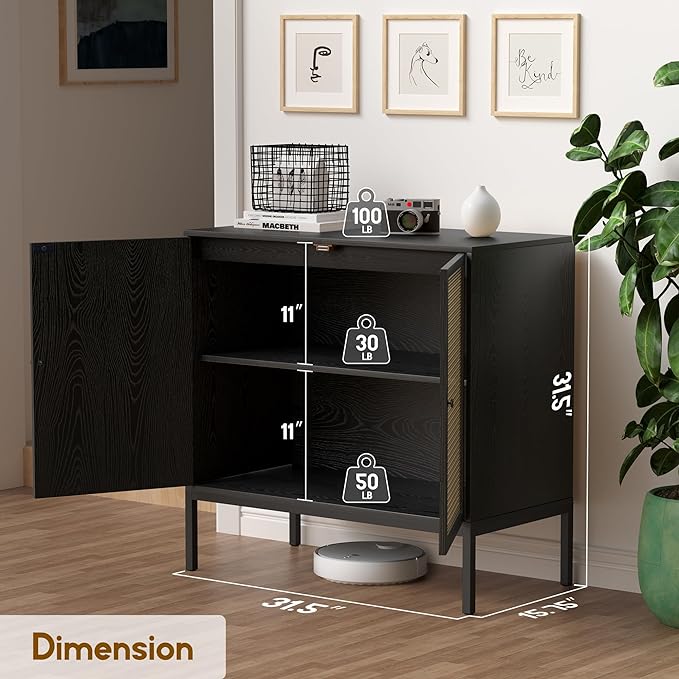 XIAO WEI Sideboard Cabinet with Handmade Natural Rattan Woven Doors, Rattan Cabinet Console Table Storage Credenza Buffet, for Kitchen, Living Room, Hallway, Entryway-2 Pieces(Black) - LeafyLoom