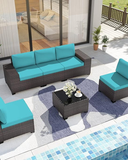 Patio Furniture Set Sofa 6-Piece Wicker PE Rattan Sectional Sofa Set, Outdoor Furniture Patio Conversation Sofa Set with Glass Coffee Table, Blue - LeafyLoom