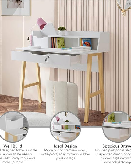 Roma Writing Desk - Elegant Wood Study Desk With Storage, Cable Holes & Drawers - Work Table for Home, Office, Dorm, Small Spaces - Compact Black Desk, 40x19x36.9” (white) - LeafyLoom