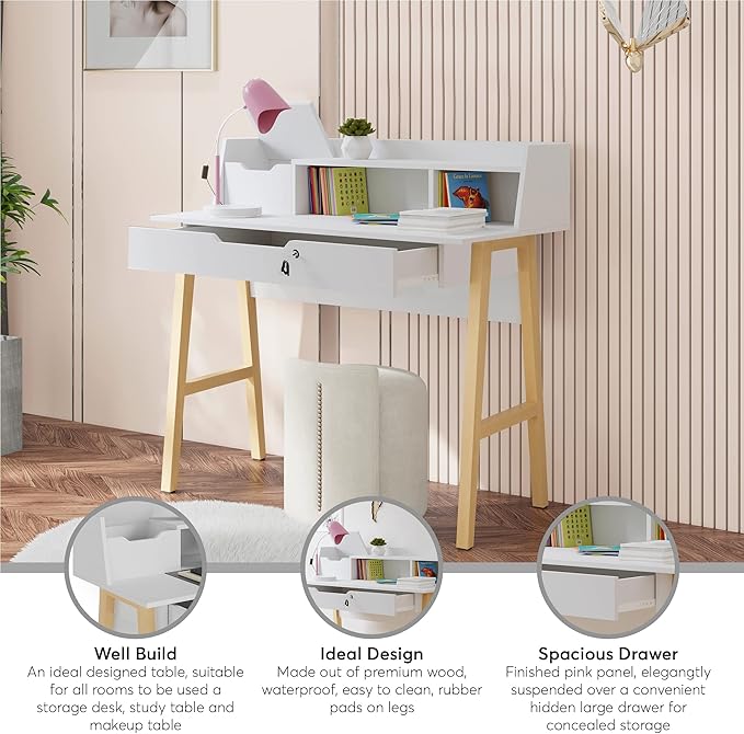 Roma Writing Desk - Elegant Wood Study Desk With Storage, Cable Holes & Drawers - Work Table for Home, Office, Dorm, Small Spaces - Compact Black Desk, 40x19x36.9” (white) - LeafyLoom