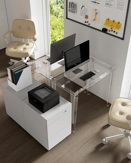 HMYHUM Small Acrylic Computer Desk, 35.4 Inch, Clear Study Desk for Home Office, Writing, Vanity, Modern, Easy Assembly, 19.7" W x 29.5" H, Right-Angle Legs Design - LeafyLoom