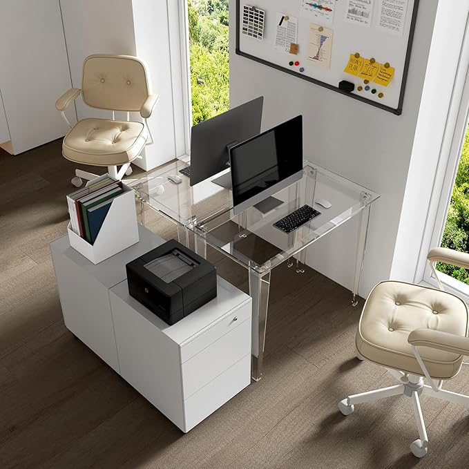 HMYHUM Small Acrylic Computer Desk, 35.4 Inch, Clear Study Desk for Home Office, Writing, Vanity, Modern, Easy Assembly, 19.7" W x 29.5" H, Right-Angle Legs Design - LeafyLoom
