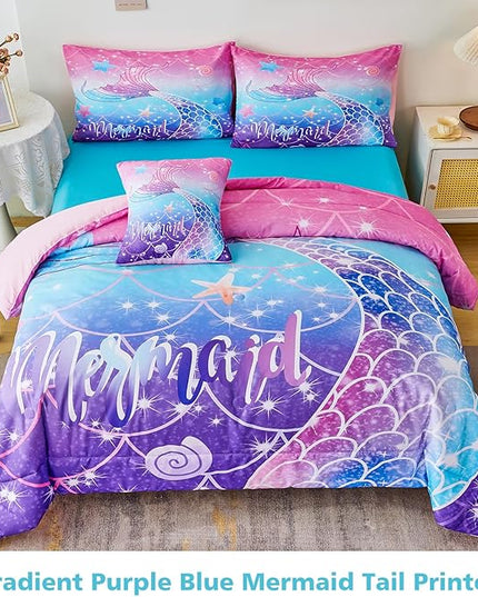 URBONUR 6Pcs Purple Blue Comforter Set Queen Size for Girls Bed in a Bag Queen Bedding Set with Comforter and Sheets Set, Gradient Mermaid Tail Printed Bed Sets for Teens Girls Women - LeafyLoom