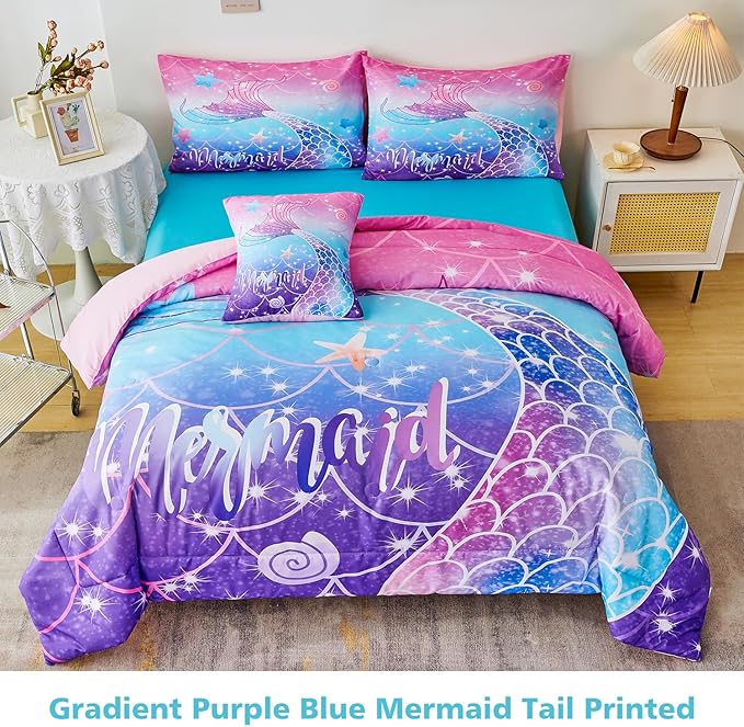 URBONUR 6Pcs Purple Blue Comforter Set Queen Size for Girls Bed in a Bag Queen Bedding Set with Comforter and Sheets Set, Gradient Mermaid Tail Printed Bed Sets for Teens Girls Women - LeafyLoom