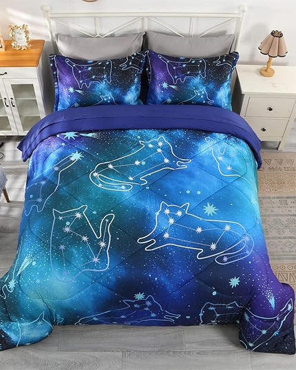 Wowelife 5 Piece Galaxy Space Cat Bedding Comforter Set Queen Constellation Bedding Set Blue Kids Bedding Set Bed in a Bag for Boys and Girls with Comforter, Flat Sheet, Fitted Sheet and 2 Pillowcases - LeafyLoom