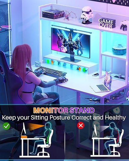 Cyclysio Gaming Desk with Hutch, 39'' Computer Desk with LED Lights & Power Outlets, Home Office Desk with Reversible 5 Tiers Storage Shelves & Monitor Stand, Small Gaming Table for Small Space, White - LeafyLoom