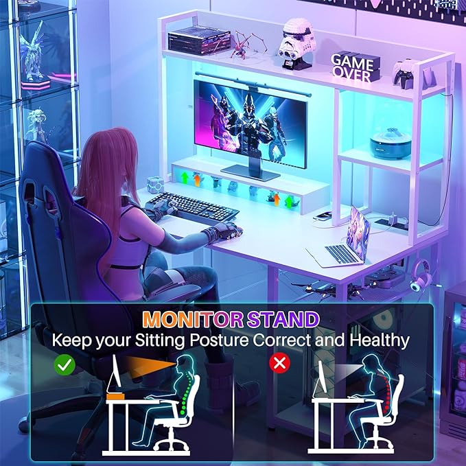 Cyclysio Gaming Desk with Hutch, 39'' Computer Desk with LED Lights & Power Outlets, Home Office Desk with Reversible 5 Tiers Storage Shelves & Monitor Stand, Small Gaming Table for Small Space, White - LeafyLoom