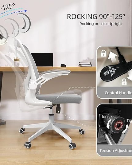 Office Chairs, Ergonomic Office Chair, Computer Chair with Adjustable Headrest, Lumbar Support, 2D Armrest, Metal Base and Iron Legs, White Frame Grey Mesh Office Chair - LeafyLoom
