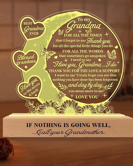 Grandma 3D Illusion Lamp w Wooden Base USB Powered Acrylic Night Light, Grandma Gifts from Grandchildren, to My Grandma Lamp Present, Gift for Grandmother, Gifts for Birthday Mothers Day - LeafyLoom
