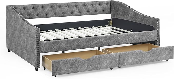 Upholstered Full Size Daybed with Two Storage Trundle Drawers, Solid Wooden Bed Frame w/Button Tufted Backrest, No Box Spring Needed, for Kids, Bedroom, Dorm - LeafyLoom