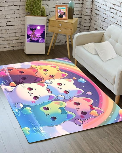 Rainbow Cat Rug for Girls - Colorful Cat Rug for Kids Bedroom Cute Cartoon Cat Pattern Rug Lovely Cat Rugs Room Decor Anime Cat Area Rug, 2x3 Feet - LeafyLoom