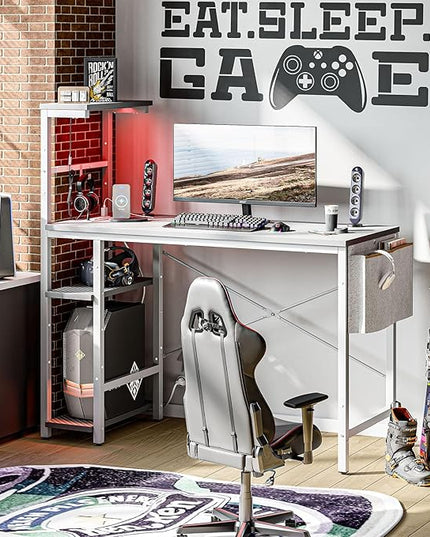 Bestier Gaming Desk with Power Outlets, 44 Inch Led Gamer Desk with 4 Tiers Reversible Shelves, PC Gaming Table with Headset Hook & Side Storage Bag for Bedroom (Grey 3D Carbon Fiber) - LeafyLoom