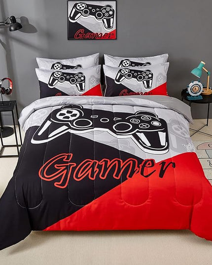 Gaming Comforter Sets for Kids Teen Boys,Video Games Controller Pattern Bedding Set for Room Decor, Full Size 3-Piece Reddish Black Gamer Comforter with 2 Pillowcases,All Season(Red,Full) - LeafyLoom