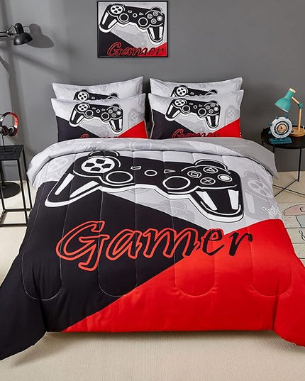 Gaming Comforter Sets for Kids Teen Boys,Video Games Controller Pattern Bedding Set for Room Decor, Queen Size 3-Piece Reddish Black Gamer Comforter with Pillowcase,All Season(Red,Queen) - LeafyLoom