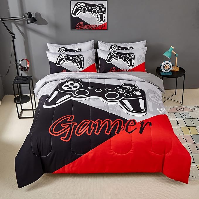 Gaming Comforter Sets for Kids Teen Boys,Video Games Controller Pattern Bedding Set for Room Decor, Twin Size 2-Piece Reddish Black Gamer Comforter with Pillowcase,All Season(Red,Twin) - LeafyLoom