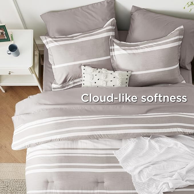 Bedsure Bed in a Bag Queen Size 7 Pieces, Warm Taupe White Striped Bedding Comforter Sets All Season Bed Set, 2 Pillow Shams, Flat Sheet, Fitted Sheet and 2 Pillowcases - LeafyLoom