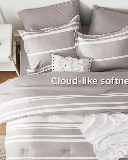 Bedsure Full Size Bedding Sets 7 Pieces, Warm Taupe White Striped Bedding Comforter Sets All Season Bed Set, 2 Pillow Shams, Flat Sheet, Fitted Sheet and 2 Pillowcases - LeafyLoom