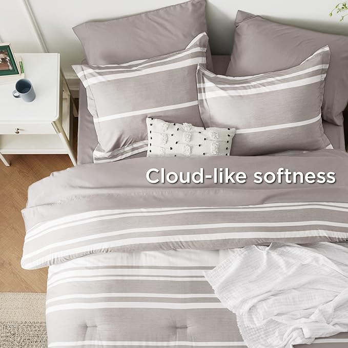 Bedsure Full Size Bedding Sets 7 Pieces, Warm Taupe White Striped Bedding Comforter Sets All Season Bed Set, 2 Pillow Shams, Flat Sheet, Fitted Sheet and 2 Pillowcases - LeafyLoom