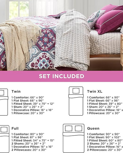 Degrees of Comfort Purple Comforter Set,Queen Boho Bedding Sets with Sheets,Bohemian Microfibe Bed in A Bag with Side Pockets, Matching Decorative Pillow, 8 Piece - LeafyLoom