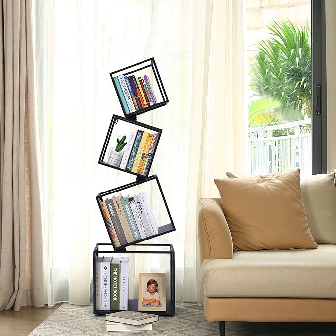 Bookshelf, 4-Tier Bookcase Black, 49'' Tall Black Bookshelf, Industrial Bookshelf, Modern Book Shelf, Storage Shelves for CDs/Books/Home Decor, Display Shelf for Living Room, Office - LeafyLoom
