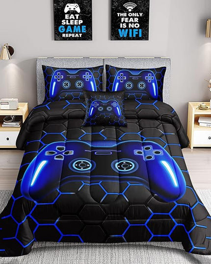 6 Pieces Bed in A Bag Gamer Bedding Set for Boys Kids Adult Gaming Comforters Set,Boys Bed in A Bag Set Full Size Comforter with Fitted Shee Flat Sheet Pillowcase pillowsham,DJTH5025Full - LeafyLoom