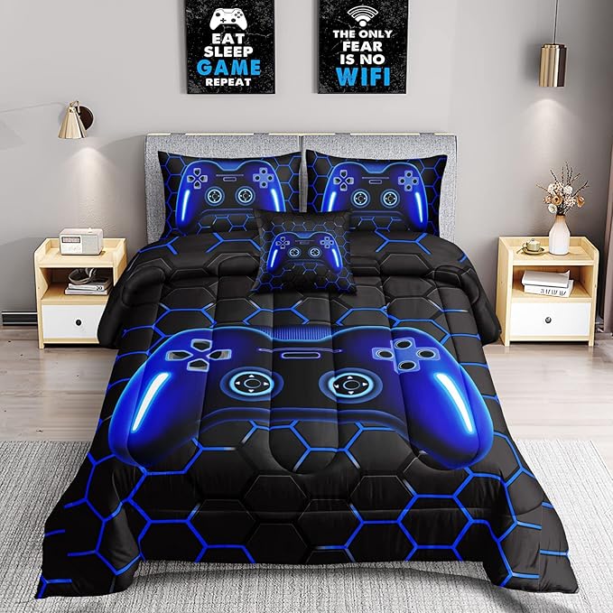 6 Pieces Bed in A Bag Gamer Bedding Set for Boys Kids Adult Gaming Comforters Set,Boys Bed in A Bag Set Full Size Comforter with Fitted Shee Flat Sheet Pillowcase pillowsham,DJTH5025Full - LeafyLoom