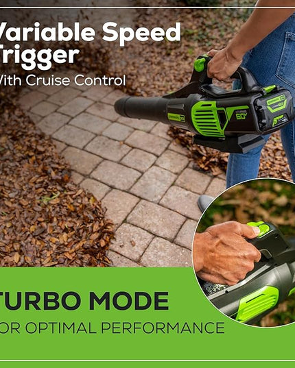 Greenworks 60V 610 CFM Cordless Leaf Blower, 2.5 Ah Battery and Rapid Charger - LeafyLoom