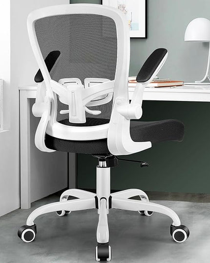 MINLOVE Office Chair Ergonomic Desk Chair with Adjustable Lumbar Support and Height, 90° Flip-up Armrests, Ergo Desk Chairs with Wheels, 360° Swivel Mesh Chair, Home Work Use (White) - LeafyLoom