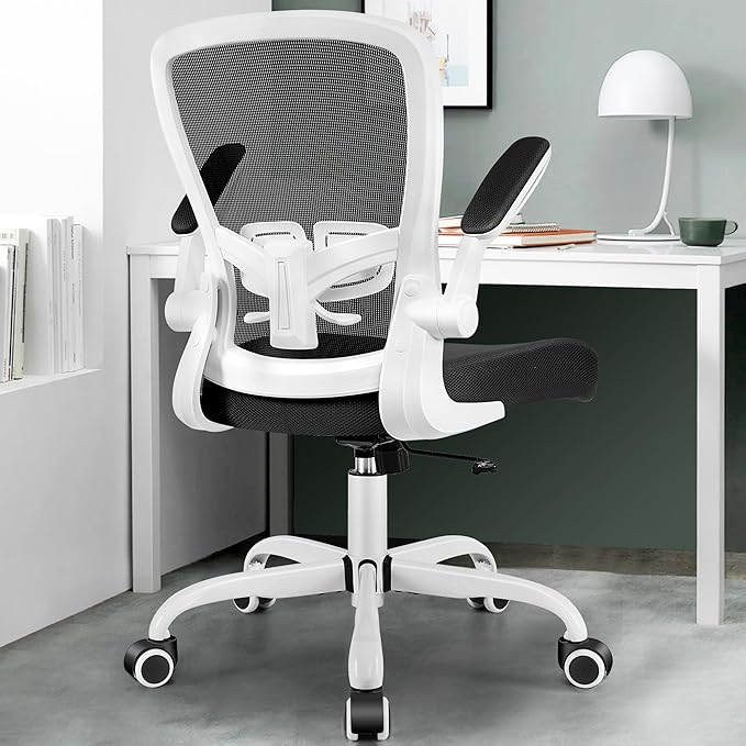 MINLOVE Office Chair Ergonomic Desk Chair with Adjustable Lumbar Support and Height, 90° Flip-up Armrests, Ergo Desk Chairs with Wheels, 360° Swivel Mesh Chair, Home Work Use (White) - LeafyLoom