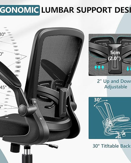 MINLOVE Office Chair Ergonomic Desk Chair with Adjustable Lumbar Support and Height, 90° Flip-up Armrests, Ergo Desk Chairs with Wheels, 360° Swivel Mesh Chair, Home Work Use (Black) - LeafyLoom