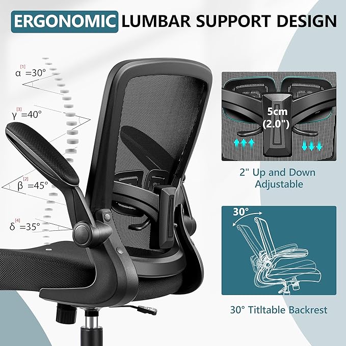 MINLOVE Office Chair Ergonomic Desk Chair with Adjustable Lumbar Support and Height, 90° Flip-up Armrests, Ergo Desk Chairs with Wheels, 360° Swivel Mesh Chair, Home Work Use (Black) - LeafyLoom