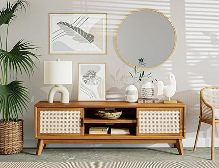 Bme Jasper Premium Solid Wood, 10 Minutes Assembly (Legs Only), Aesthetic Rattan Doors, Mid Century Entertainment Center for Living Room, TV Stand for 65" TV, Dark Chocolate - LeafyLoom