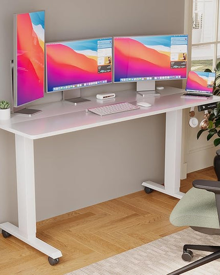 Electric Standing Desk 60 Inch, Ergonomic Height Adjustable Table with T-Shaped Metal Bracket Modern Computer Workstations for Home Office, White - LeafyLoom
