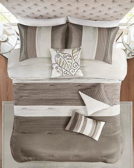 Madison Park Amherst Faux Silk Comforter Set-Casual Contemporary Design All Season Down Alternative Bedding, Matching Shams, Bedskirt, Decorative Pillows, Cal King(104"x92"), Natural, 7 Piece - LeafyLoom