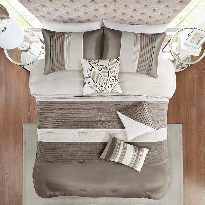 Madison Park Amherst Faux Silk Comforter Set-Casual Contemporary Design All Season Down Alternative Bedding, Matching Shams, Bedskirt, Decorative Pillows, Cal King(104"x92"), Natural, 7 Piece - LeafyLoom