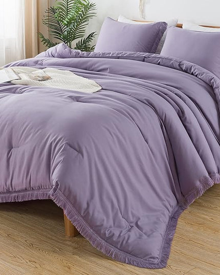 Andency Grayish Lavender Purple Comforter Set Queen, Boho Tassel Lightweight Bedding Comforter Sets, 3 Pieces All Season Soft Fluffy Fringe Bed Set (90x90In Comforter & 2 Pillowcases) - LeafyLoom