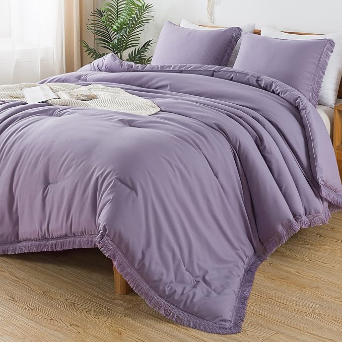 Andency Grayish Lavender Purple Comforter Set Queen, Boho Tassel Lightweight Bedding Comforter Sets, 3 Pieces All Season Soft Fluffy Fringe Bed Set (90x90In Comforter & 2 Pillowcases) - LeafyLoom