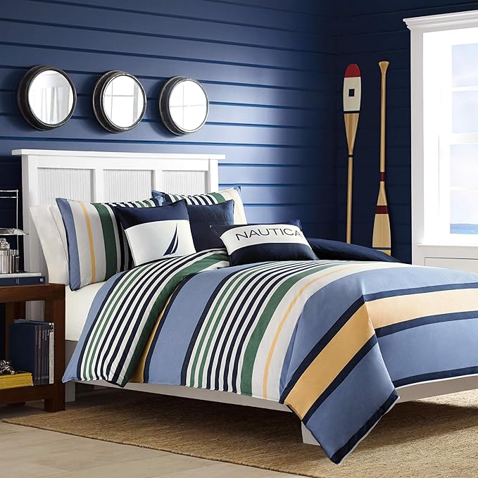 Nautica - Twin Comforter Set, Cotton Reversible Bedding with Matching Sham, Stylish Home Decor, Dorm Room Essentials (Dover Blue, Twin) - LeafyLoom