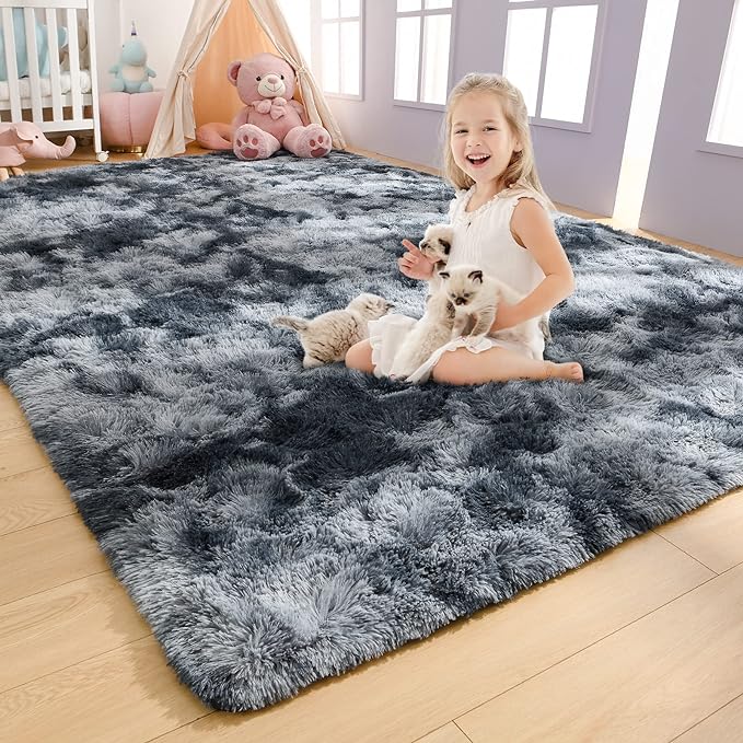 AROGAN Soft Rainbow Area Rugs for Girls Room, Fluffy Girls Bedroom Rugs, Princess Rug, Cute Colorful Carpet for Kids Teens Nursery Toddler (Blue-Grey, 4×6 Feet) - LeafyLoom
