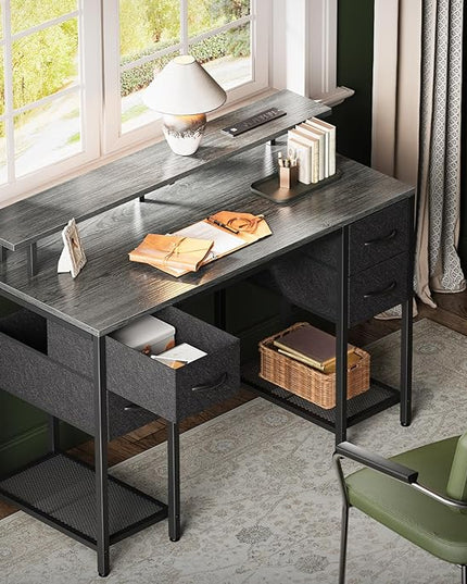 47 inch Computer Desk with 4 Drawers, Gaming Desk with LED Lights & Power Outlets, Home Office Desk with Large Storage Space for Bedroom, Work from Home, Gray - LeafyLoom