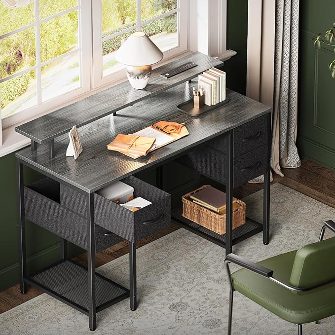47 inch Computer Desk with 4 Drawers, Gaming Desk with LED Lights & Power Outlets, Home Office Desk with Large Storage Space for Bedroom, Work from Home, Gray - LeafyLoom