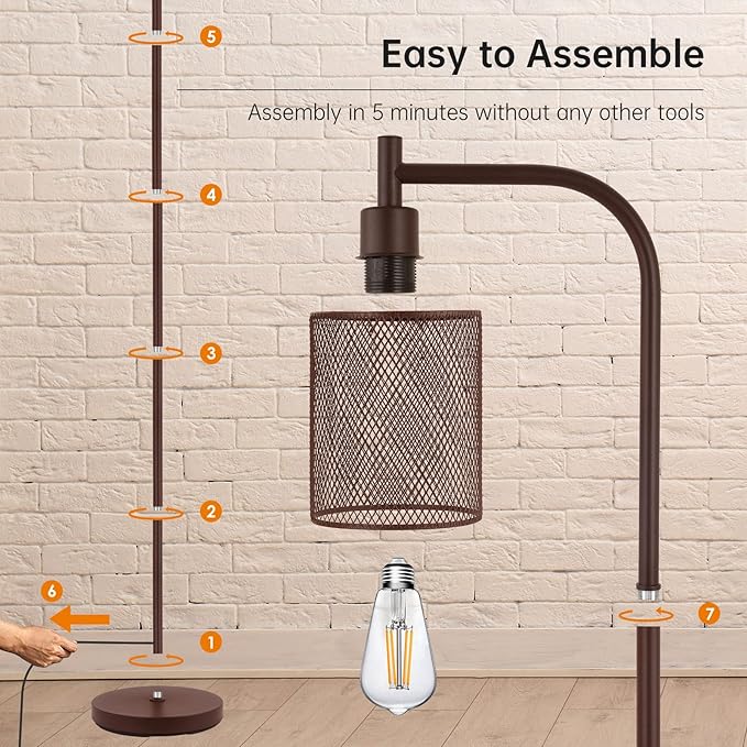 BoostArea Floor Lamp, Industrial Floor Lamp, Modern Standing Lamp, 6W LED Bulb, Foot Switch, Iron Mesh Tall Stand Up Lamp for Living Room/Bedroom, Vintage, Rustic, Minimalist Farmhouse Pole Lamp Brown - LeafyLoom