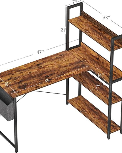 Treesland 47 Inch Computer Desk with Bookshelf, Corner Desk with Storage, L Shaped Desk, Home Office Desks, Writing Study Desk for Bedroom, Brown - LeafyLoom
