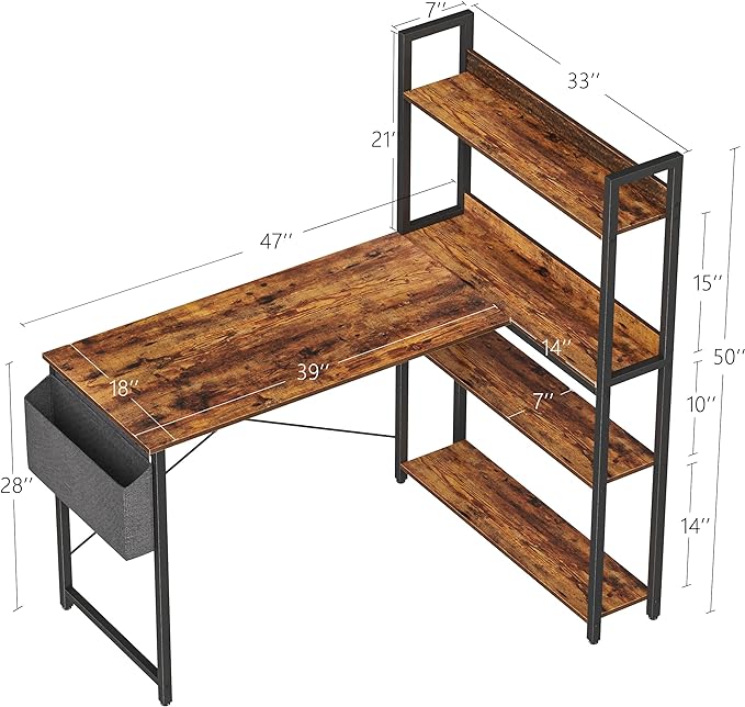 Treesland 47 Inch Computer Desk with Bookshelf, Corner Desk with Storage, L Shaped Desk, Home Office Desks, Writing Study Desk for Bedroom, Brown - LeafyLoom