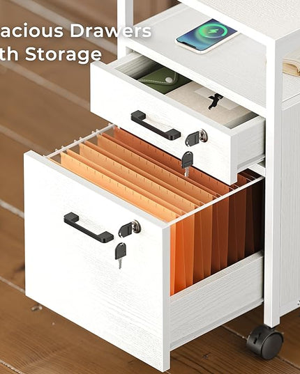 SUPERJARE File Cabinet with Lock & Charging Station, 2 Drawers Rolling Filing Cabinet, Office File Cabinet with Wheels & Open Shelf, for Home Office, A4/Letter Size Files - White - LeafyLoom