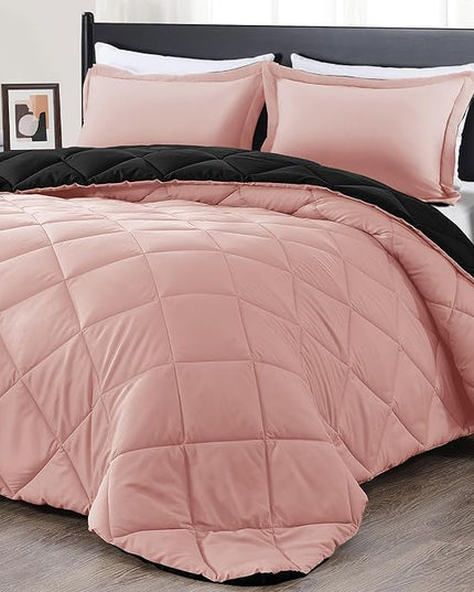 downluxe Queen Comforter Set - Pink and Black Queen Comforter, Soft Bedding Sets for All Seasons -3 Pieces - 1 Comforter (88"x92") and 2 Pillow Shams(20"x26") - LeafyLoom