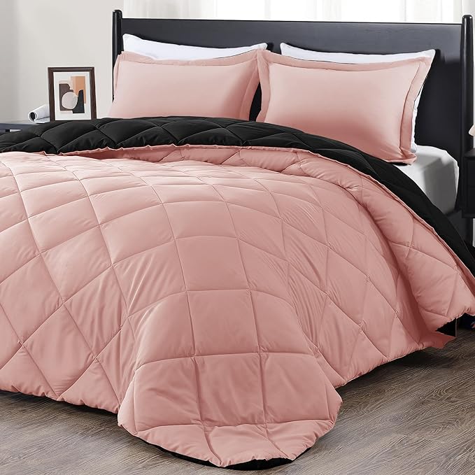 downluxe Queen Comforter Set - Pink and Black Queen Comforter, Soft Bedding Sets for All Seasons -3 Pieces - 1 Comforter (88"x92") and 2 Pillow Shams(20"x26") - LeafyLoom