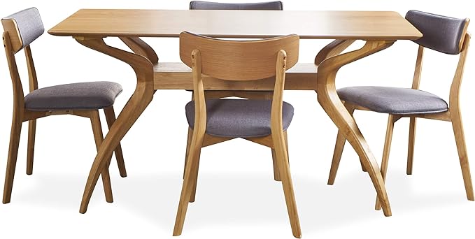 Christopher Knight Home Nissie Mid-Century Wood Dining Set with Fabric Chairs, 5-Pcs Set, Natural Oak Finish / Dark Grey - LeafyLoom