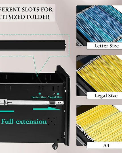 3-Drawer Mobile File Cabinets Rolling Metal Filing Cabinet for Legal & Letter File Anti-tilt Design with Lock Under Desk Office Drawers Fully Assembled Except Casters Black(Style 3) - LeafyLoom